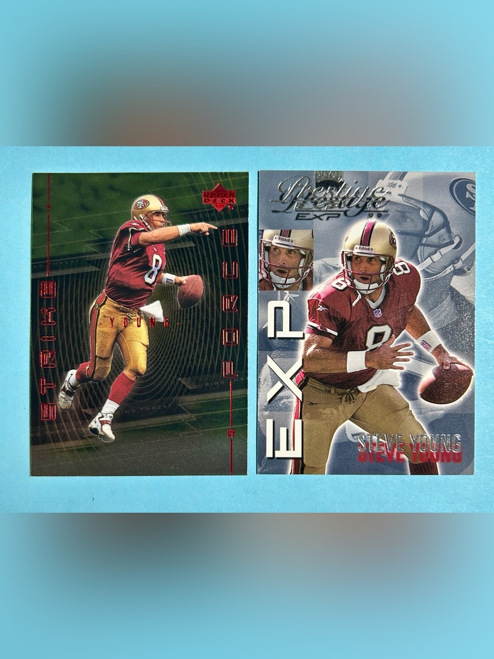 Steve Young, San Francisco 49ers,1999 Upper Deck #SF4 & Playoffs Prestige #EX91